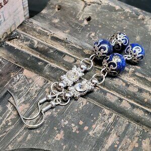 Handcrafted Lapis Lazuli Gemstone Lacy Silver Clear Crystal Dangle Earrings